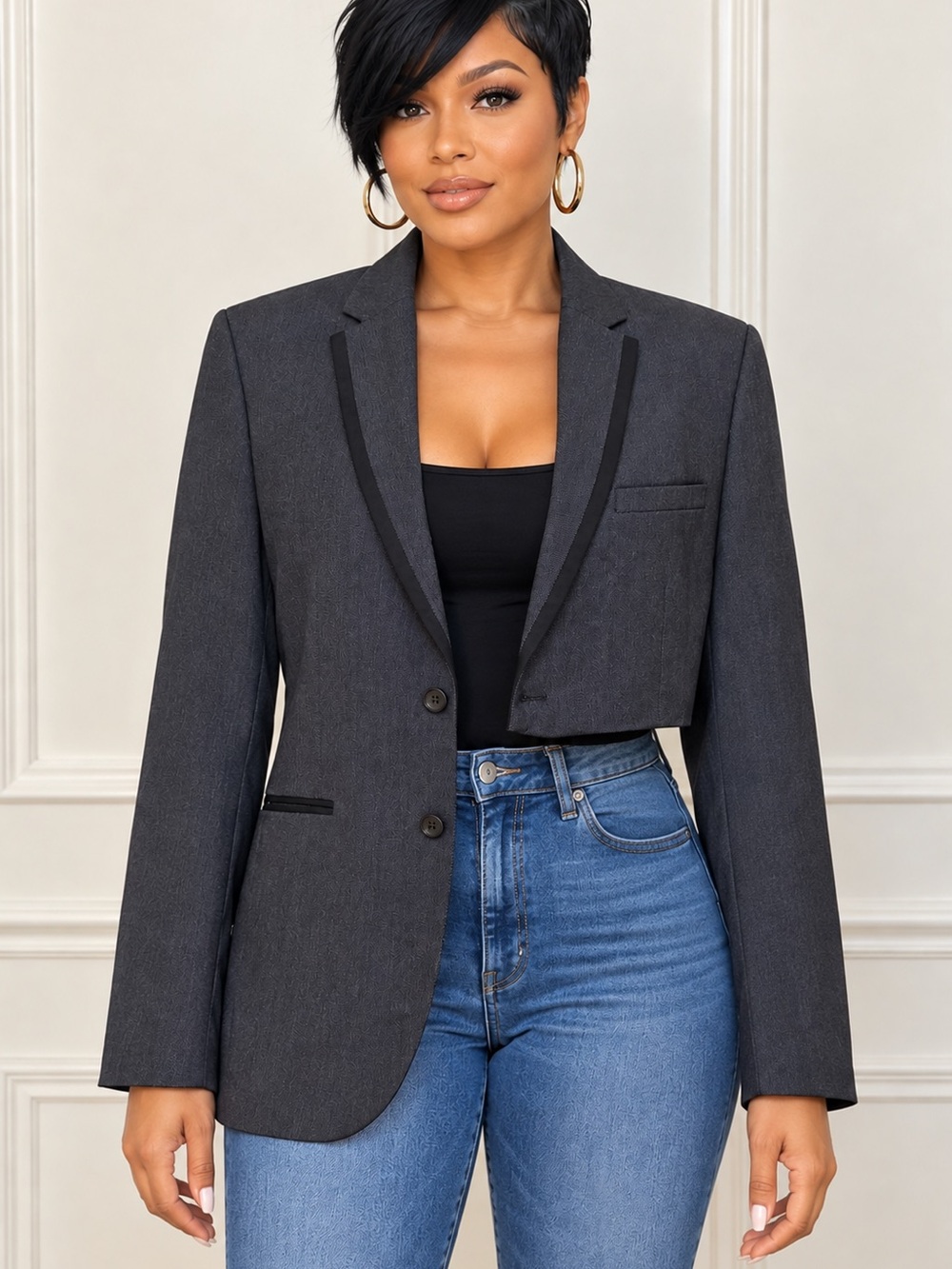Upcycled Cropped long sleeve asymmetrical cut Blazer with Black Trim size M